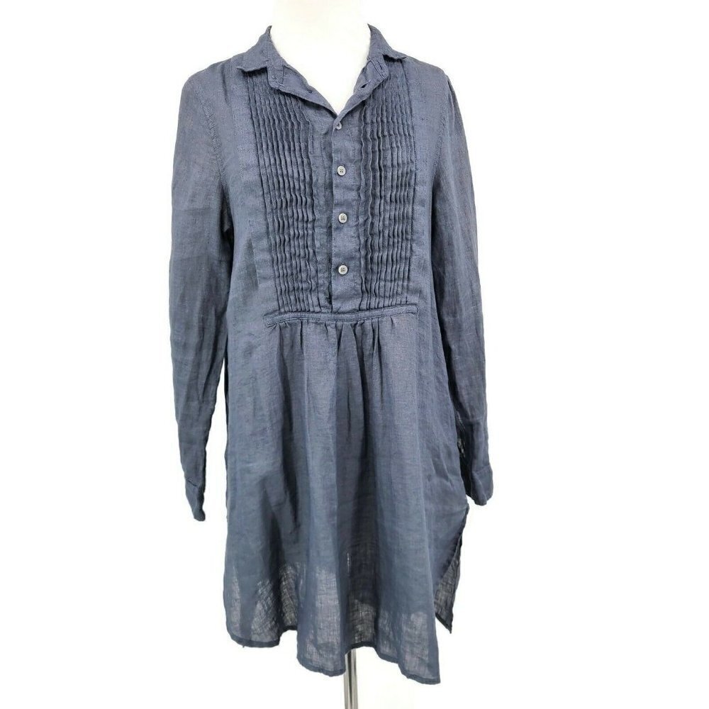 CP Shades Annette Linen Tunic Dress Womens XS Blue Long Sleeve Pleats 540-3